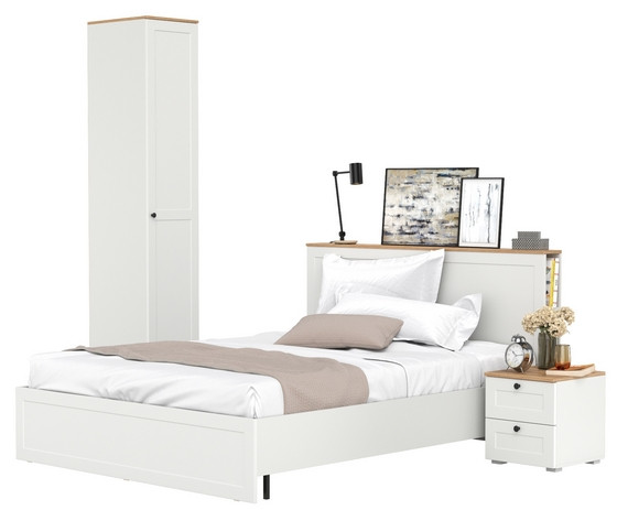 Остин 11.53 Кровать + ортопед + 13.225 Шкаф-пенал + 16.152 Тумба прикроватная, белый шагрень/дуб крафт золотой