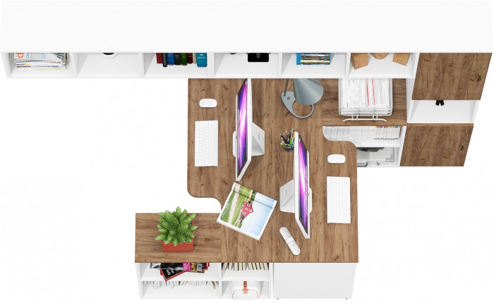 Лидер-8 Стол + Полка + Стол + Полка + Пенал, белый шагрень/крафт золото