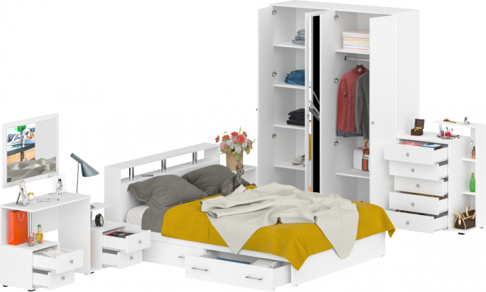 Камелия спальня № 10 Кровать с ящиками 1600 + Две тумбы + Стол косметич. + Зеркало + Комод + Шкаф, цвет белый, 1600х2000 мм., б/м, осн. есть