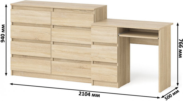Мори Стол компьютерный МС-6 левый + Комод МК1200.8, цвет дуб сонома, ШхГхВ 210,4х50х94 см., выдвижные ящики слева, НЕ универсальная сборка