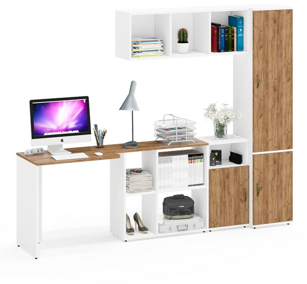 Лидер-8 Стол + Полка + Тумба МД 3.19 + Пенал МД 22Б, белый шагрень/крафт золото