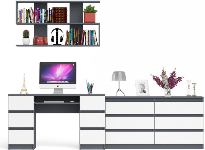 Мори компьютерный стол МС-2 + Комод МК1380.6 + Полка 1200, графит/белый