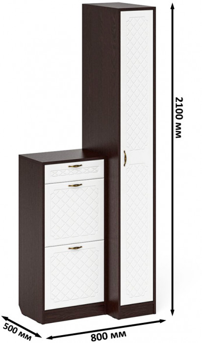 Прихожая П-6 Компоновка № 42, цвет венге/фасады МДФ белое дерево фрезеровка ромб, ШхГхВ 80х50х210 см., универсальная сборка