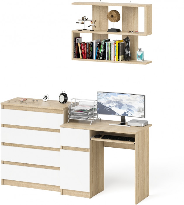 Мори Стол компьютерный МС-1 левый + Комод МК800.4 + Полка 900, цвет дуб сонома/белый, ШхГхВ 170,4х50х209,6 см., НЕ универсальная сборка