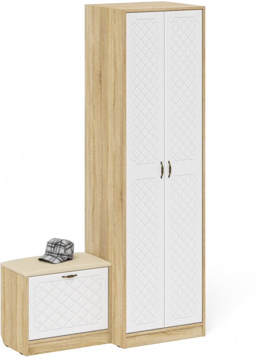 Прихожая П-6 Компоновка № 10, цвет дуб сонома/фасады МДФ белое дерево фрезеровка ромб, ШхГхВ 120х50х210 см., универсальная сборка