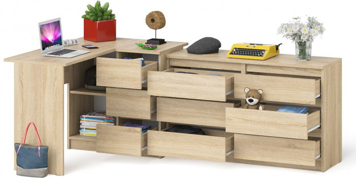 Мори компьютерный стол МС-16 правый + Комод МК1200.6, дуб сонома