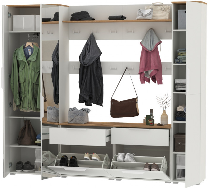 Октава Прихожая 33, белый шагрень/дуб крафт золотой/фасады МДФ белый шагрень