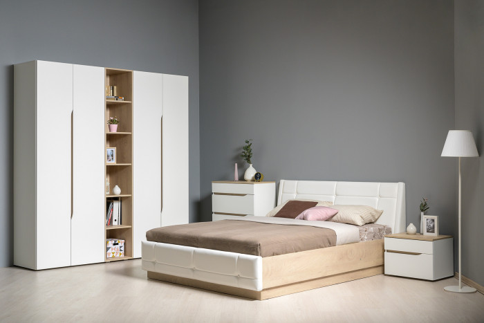 Муссон 13.198 Шкаф двухстворчатый + 13.349 Стеллаж, цвет белый/дуб эндгрейн элегантный, ШхГхВ 127,6х52,3х229,8 см., НЕ универсальная сборка