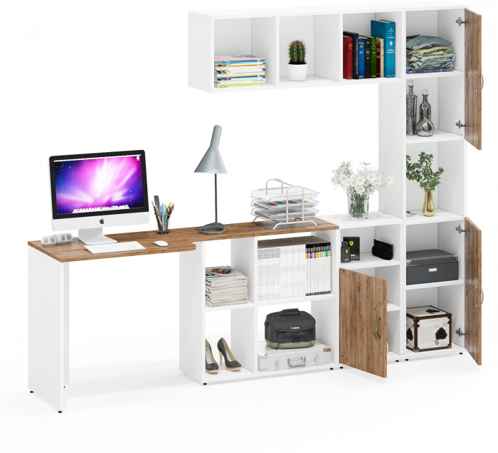 Лидер-8 Стол + Полка + Тумба МД 3.19 + Пенал, белый шагрень/крафт золото