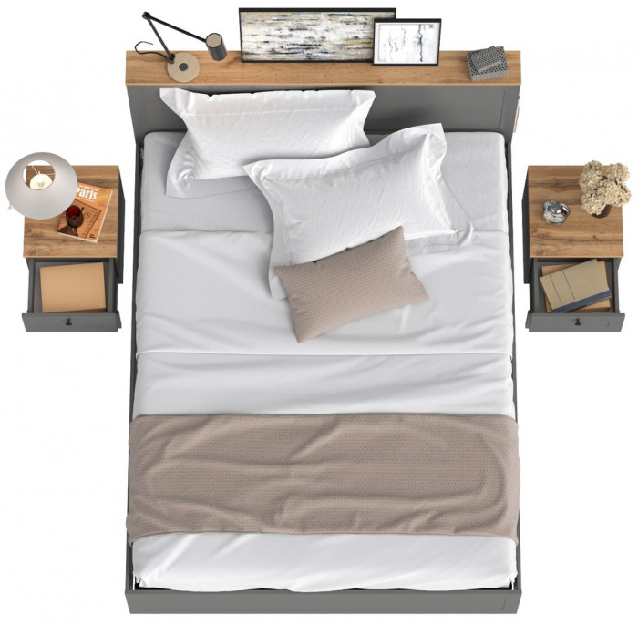 Остин 11.53 Кровать + ортопед + 16.152 Тумба 2 шт., серый графит/дуб крафт золотой