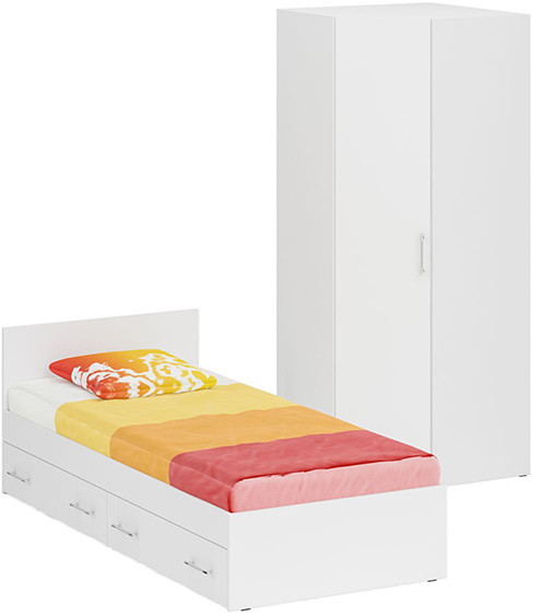 Кровать с ящиками 0900 + угловой шкаф Стандарт, белый