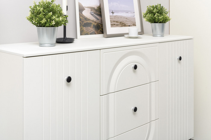 Валенсия Гостиная № 101, цвет ЛДСП белый шагрень/МДФ белый шагрень, ШхГхВ 243,2х38,4х225,2 см., ниша для ТВ 133х38х90 см.