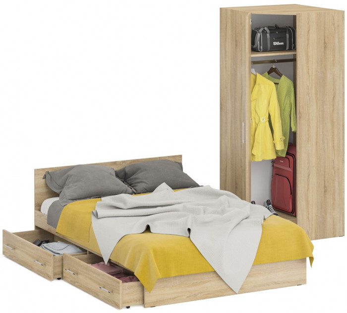 Кровать с ящиками 1400 + угловой шкаф Стандарт, дуб сонома