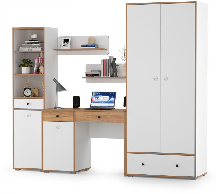 Вуди Компоновка № 23, цвет белый премиум/дуб крафт золотой, ШхГхВ 241х52,7х205 см., универсальная сборка