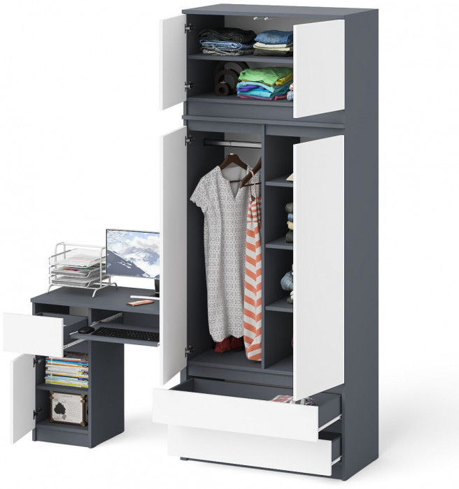 Мори Стол компьютерный МС-1 левый + Шкаф МШ900.1 + Антресоль МА900.1, цвет графит/белый, ШхГхВ 180,4х50,4х234,2 см., выдвижной ящик слева, НЕ ун. сб.