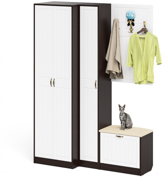 Прихожая П-6 Компоновка № 27, венге/фасады МДФ белое дерево фрезеровка прованс