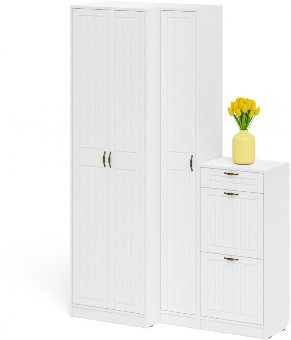 Прихожая П-6 Компоновка № 28, цвет белая шагрень/фасады МДФ белое дерево фрезеровка прованс, ШхГхВ 140х50х210 см., универсальная сборка