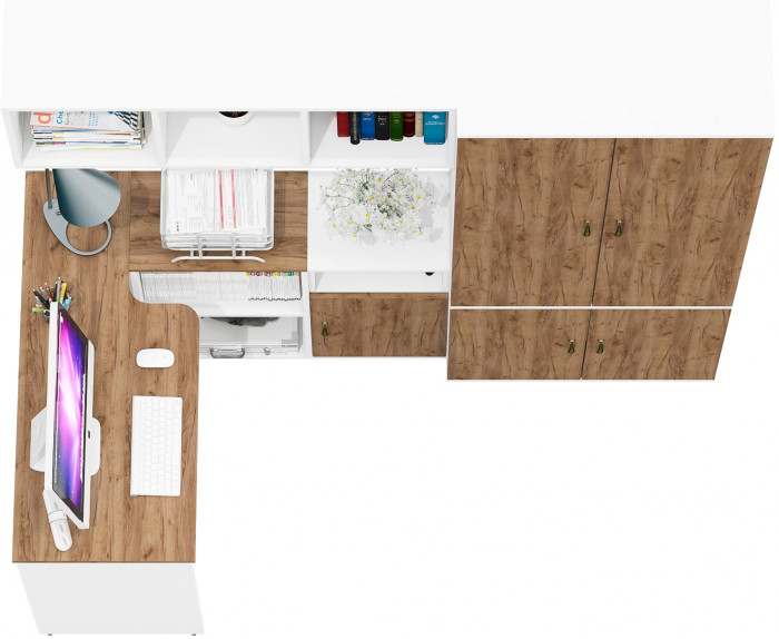 Лидер-8 Стол + Полка + Тумба МД 3.19 + Шкаф МД 20Б, белый шагрень/крафт золото