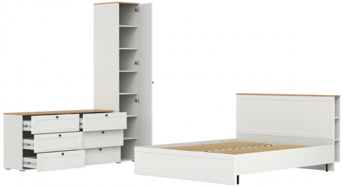 Остин 11.53 Кровать + ортопед + 13.225 Шкаф-пенал + 16.240 Комод, белый шагрень/дуб крафт золотой