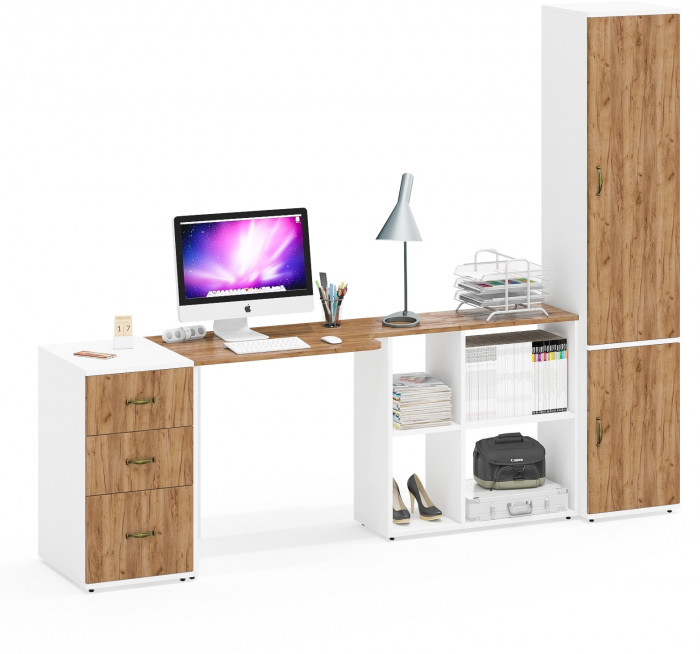 Лидер-8 Стол + Тумба МД 3.16 + Пенал МД 22Б, цвет белый шагрень/крафт золото, ШхГхВ 245х50/37,5х75/190 или 155х120/50х75/190 см., НЕ ун. сборка