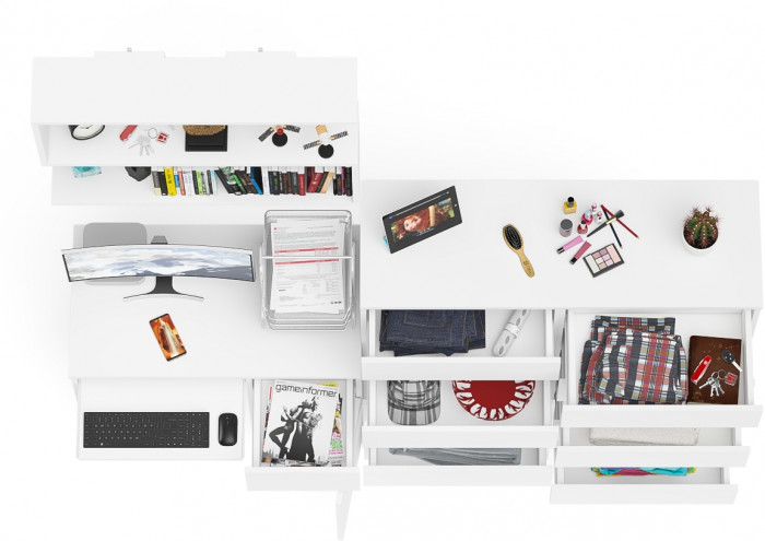 Мори Стол компьютерный МС-1 правый + Комод МК1200.10 + Полка 900, цвет белый, ШхГхВ 210,4х50х209,6 см., НЕ универсальная сборка