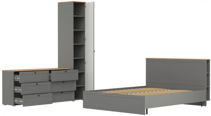 Остин 11.53 Кровать + ортопед + 13.225 Шкаф-пенал + 16.240 Комод, серый графит/дуб крафт золотой