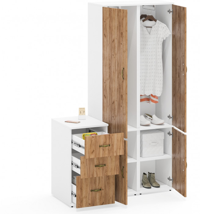 Лидер-8 Пенал МД 21Б + Пенал МД 21Б + Тумба МД 3.16, цвет белый шагрень/крафт золото, ШхГхВ 120х50х190 см., универсальная сборка