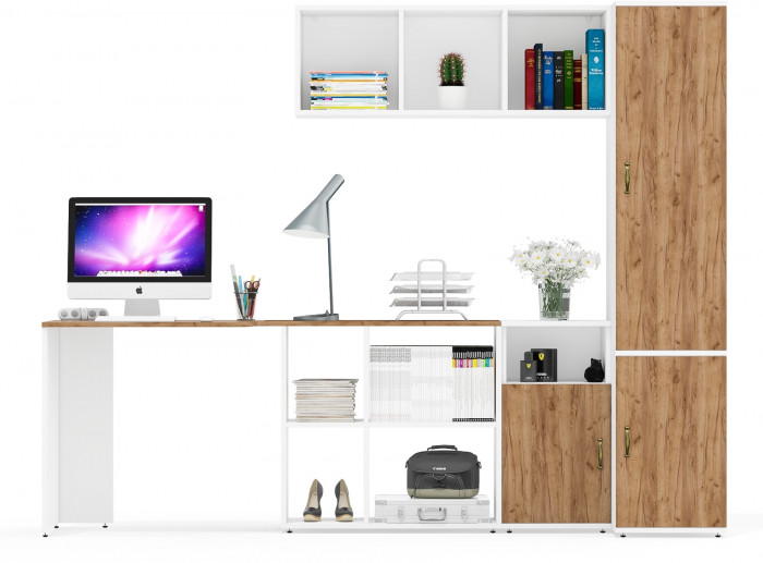 Лидер-8 Стол + Полка + Тумба МД 3.19 + Пенал МД 23Б, цвет белый шагрень/крафт золото, ШхГхВ 245х50х75/190 или 115х160/50х75/190 см., НЕ ун. сб.