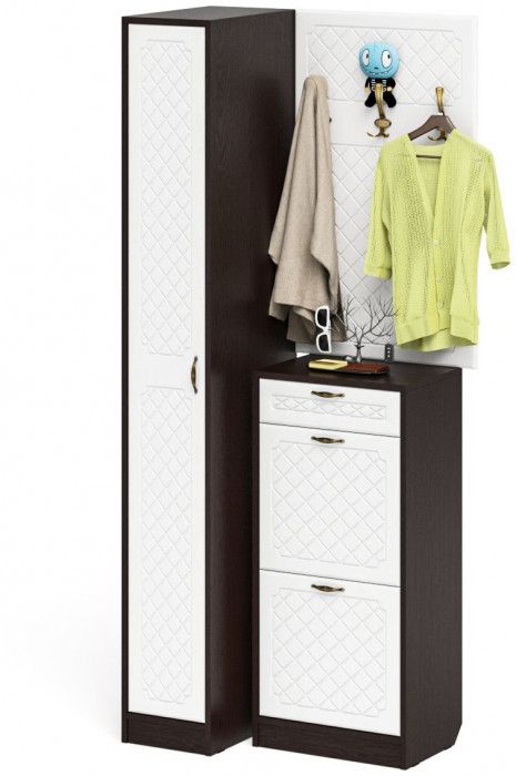 Прихожая П-6 Компоновка № 44, цвет венге/фасады МДФ белое дерево фрезеровка ромб, ШхГхВ 90х50х210 см., универсальная сборка