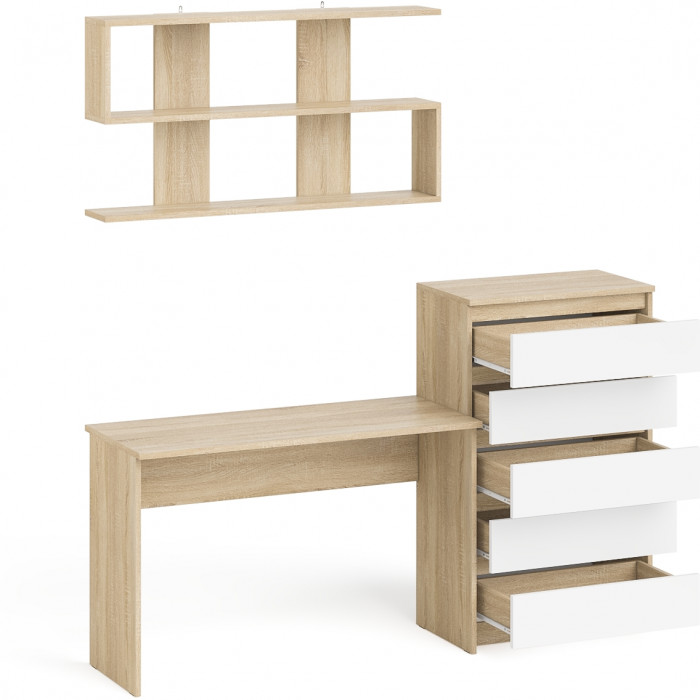 Мори Стол письменный МСП1200.1 + Комод МК700.5 + Полка 1200, цвет дуб сонома/белый, ШхГхВ 190,8х50х209,6 см., универсальная сборка