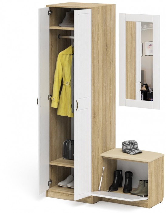 Прихожая П-6 Компоновка № 11, цвет дуб сонома/фасады МДФ белое дерево фрезеровка прованс, ШхГхВ 120х50х210 см., универсальная сборка