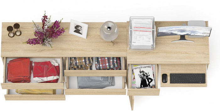 Мори компьютерный стол МС-1 левый + Комод МК1380.6, дуб сонома