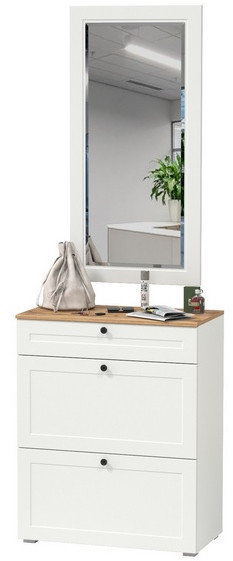 Остин 16.121 Тумба для обуви + 17.03 Зеркало, белый шагрень/дуб крафт золотой