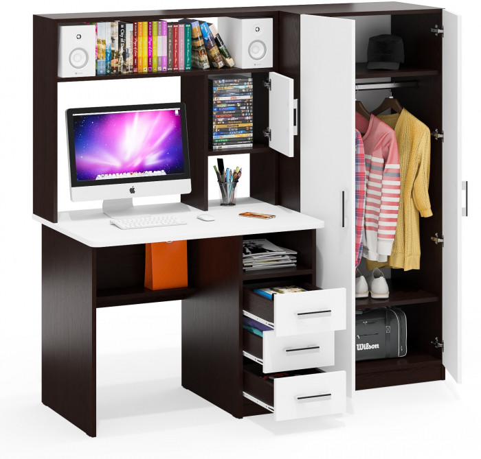 Стол компьютерный С-МД-СК9+Шкаф С-МД-СК9Ш, цвет венге/белый шагрень, ШхГхВ 172х70х160 см., НЕ универсальная сборка