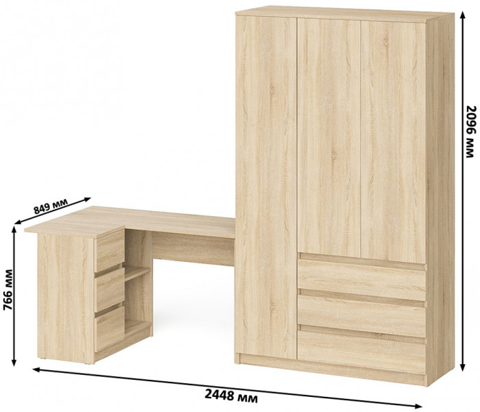 Мори компьютерный стол МС-16 левый + Шкаф МШ1200.1, дуб сонома