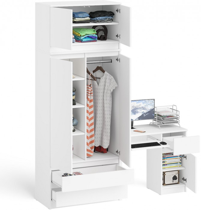 Мори Стол компьютерный МС-1 правый + Шкаф МШ900.1 + Антресоль МА900.1, цвет белый, ШхГхВ 180,4х50,4х234,2 см., выдвижной ящик справа, НЕ универс. сб.