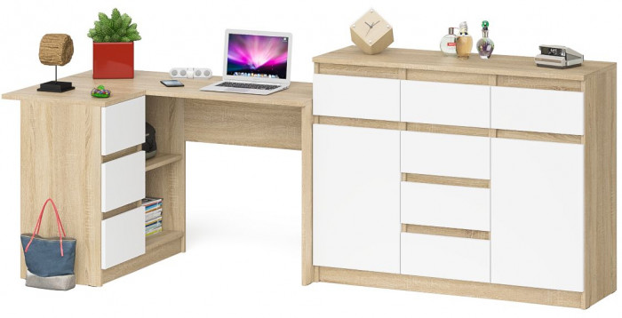 Мори компьютерный стол МС-16 левый + Комод МК1200.4, дуб сонома/белый