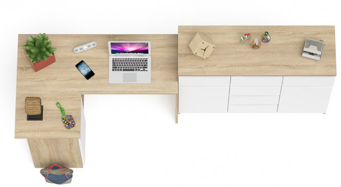 Мори компьютерный стол МС-16 левый + Комод МК1200.4, дуб сонома/белый