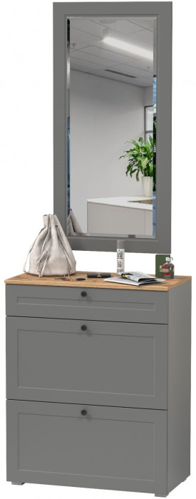 Остин 16.121 Тумба для обуви + 17.03 Зеркало, серый графит/дуб крафт золотой