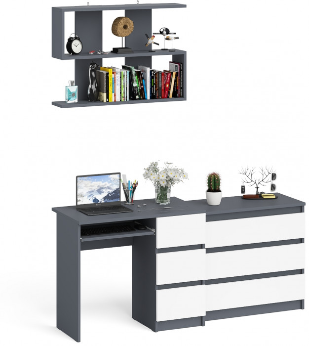 Мори Стол компьютерный МС-6 правый + Комод МК800.1 + Полка 900, цвет графит/белый, ШхГхВ 170,4х50х209,6 см., НЕ универсальная сборка