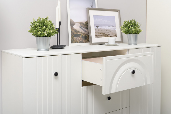 Валенсия Гостиная № 106, цвет ЛДСП белый шагрень/МДФ белый шагрень, ШхГхВ 327,3х38,4х225,2 см., ниша для ТВ 133х38х100 см., универсальная сборка