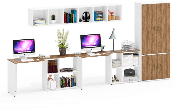 Лидер-8 Стол + Полка + Стол + Полка + Шкаф МД 20Б, белый шагрень/крафт золото