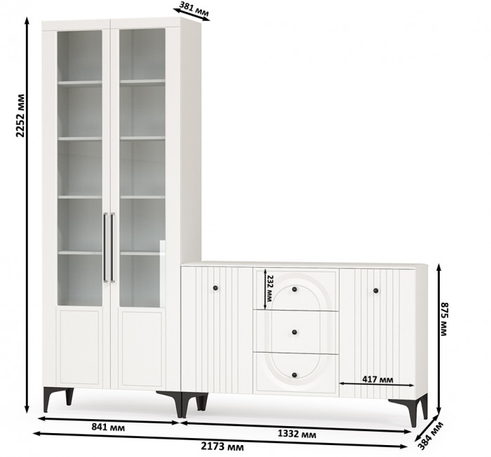 Валенсия Гостиная № 095, цвет ЛДСП белый шагрень/МДФ белый шагрень, ШхГхВ 217,3х38,4х225,2 см., универсальная сборка