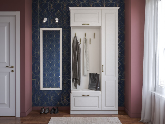 Ливерпуль Шкаф многоцелевого назначения 13.21 + карниз + Зеркало 03.242, цвет ясень ваниль/белый, ШхГхВ 108,2х43,5х223,5 + 50х2х140 см., ун. сборка