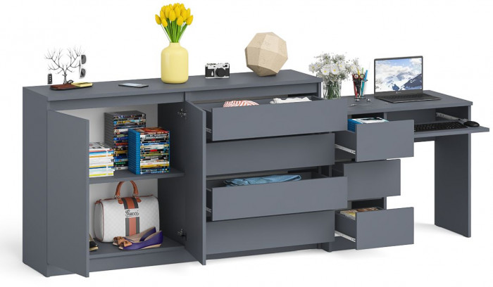 Мори Стол компьютерный МС-6 левый + Комод МК1600.1, цвет графит, ШхГхВ 250,4х50х94 см., выдвижные ящики слева, НЕ универсальная сборка