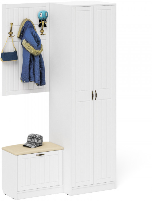 Прихожая П-6 Компоновка № 12, цвет белая шагрень/фасады МДФ белое дерево фрезеровка прованс, ШхГхВ 120х50х210 см., универсальная сборка