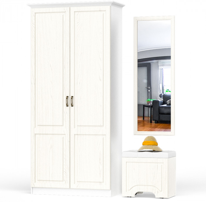 Ливерпуль Пуф 14.02 + Зеркало 03.242 + Шкаф для одежды + карниз 1000, ясень ваниль/белый