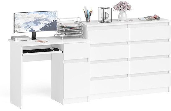 Мори компьютерный стол МС-1 правый + Комод МК1200.8, белый