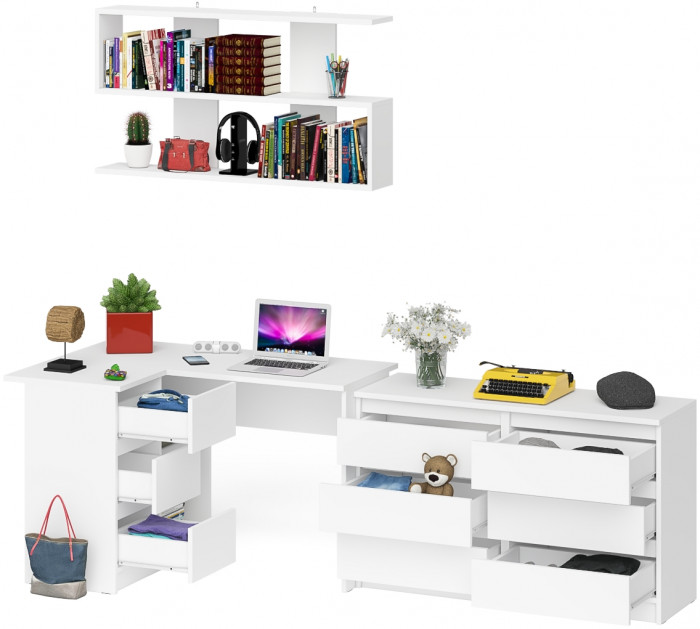 Мори компьютерный стол МС-16 левый + Комод МК1200.6 + Полка 1200, белый