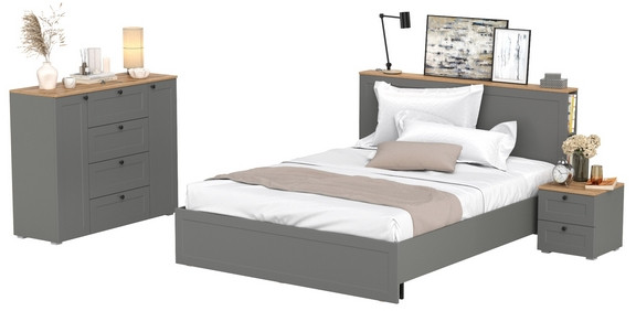 Остин 11.53 Кровать + ортопед + 16.152 Тумба прикроватная + 16.221 Комод, серый графит/дуб крафт золотой